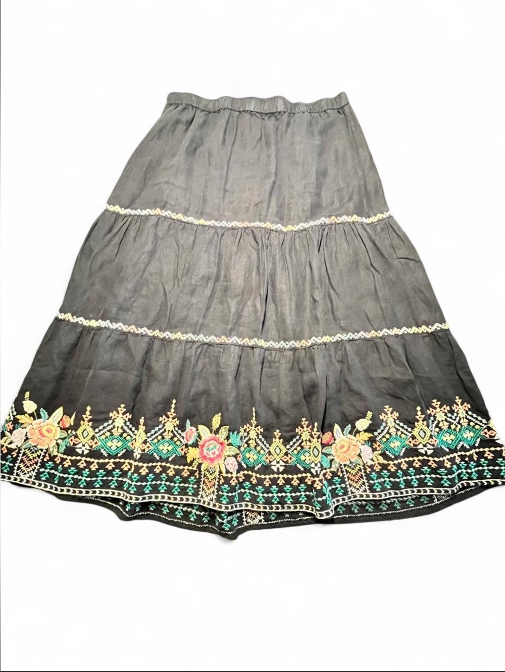 JW Los Angeles Black Linen Embroidered Tiered Lined Midi Skirt, XL